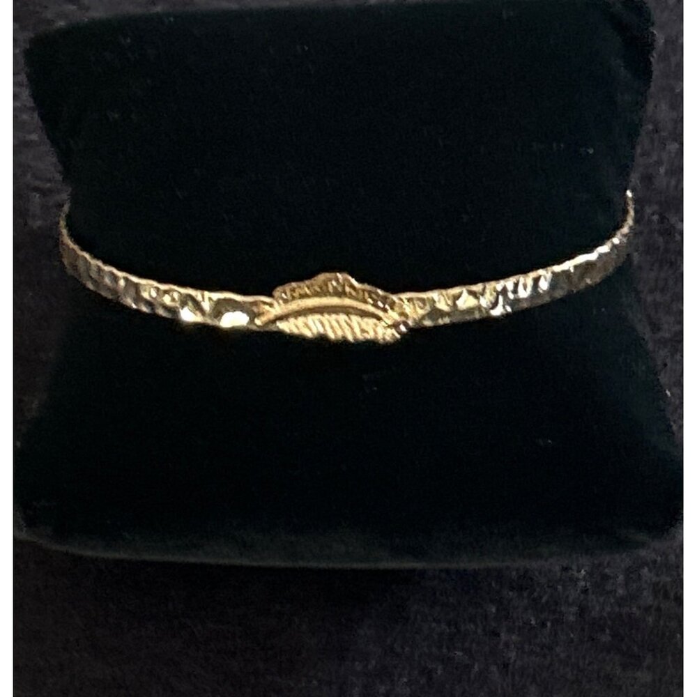 Vintage Gold Tone Bangle Bracelet With Leaf Detailing & Hammered Texture